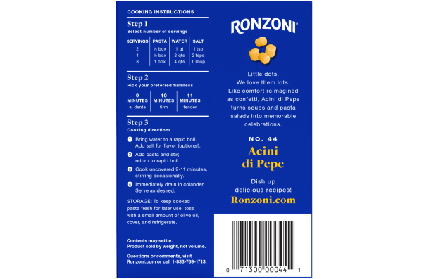 back of ronzoni acini di pepe packaging