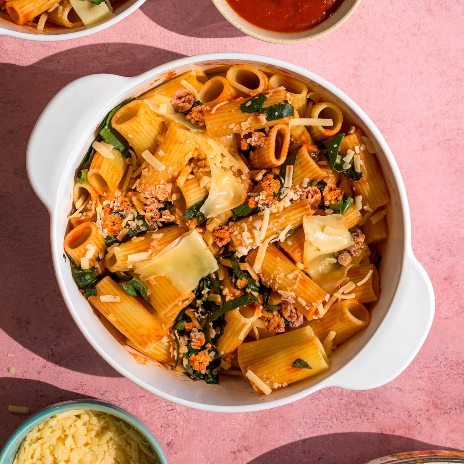 baked rigatoni in small serving dish