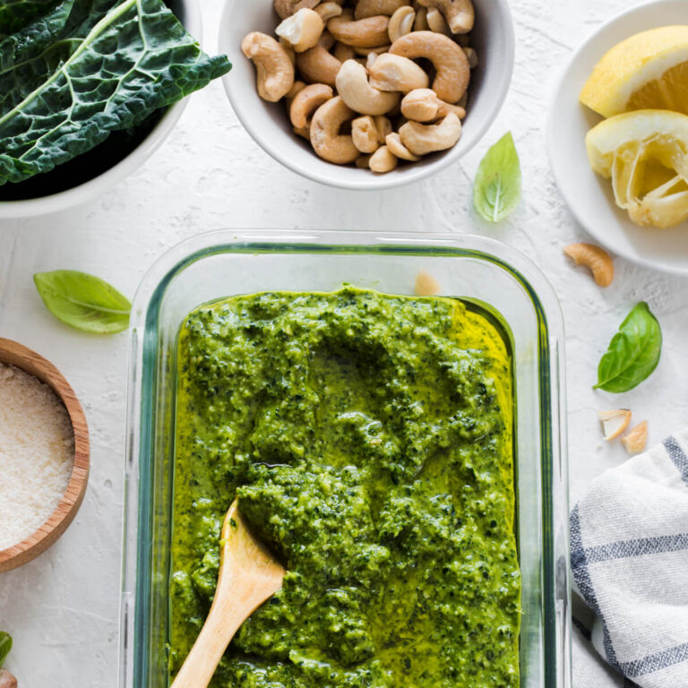 Blended Pesto Sauce With Herbs And Ingredients