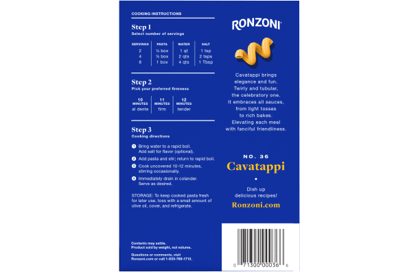 back of ronzoni cavatappi packaging