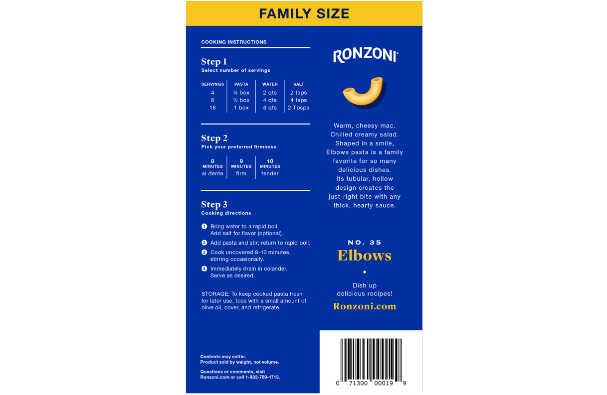 back of ronzoni family size elbows packaging