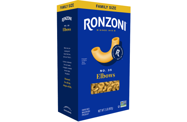 3/4 view of ronzoni family size elbows packaging