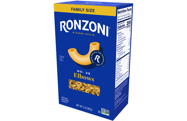 3/4 view of ronzoni family size elbows packaging