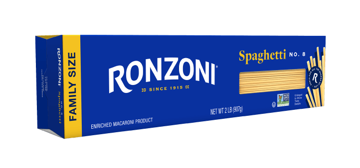 3/4 view of ronzoni family size spaghetti packaging