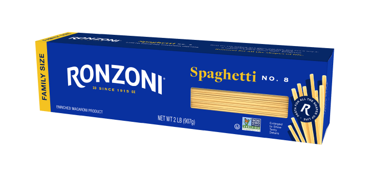 3/4 view of ronzoni family size spaghetti packaging