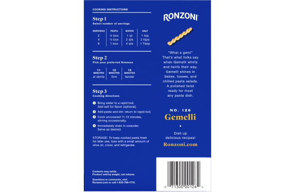 back of ronzoni gemelli packaging