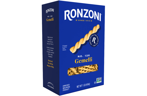 3/4 view of ronzoni gemelli packaging
