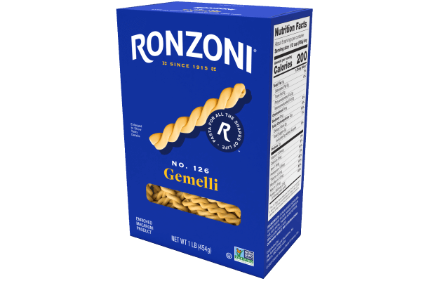 3/4 view of ronzoni gemelli packaging