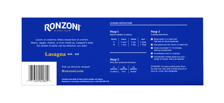 back of ronzoni lasagna packaging