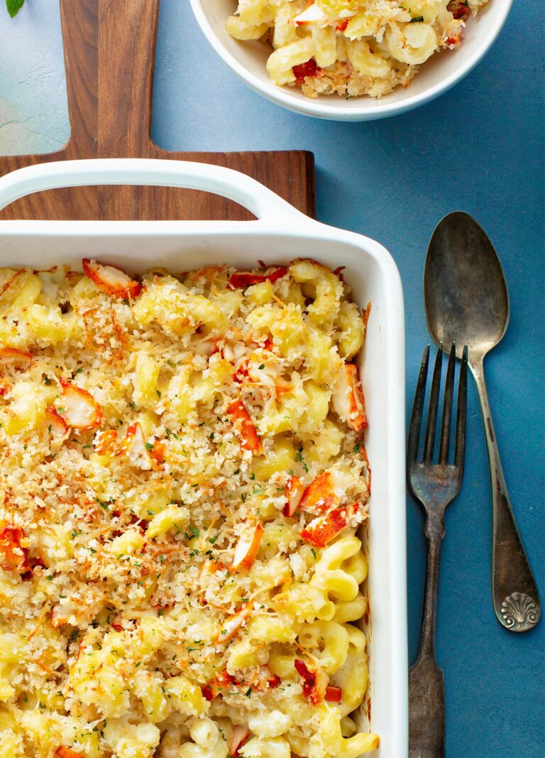 Casserole dish full of lobster truffle macaroni and cheese