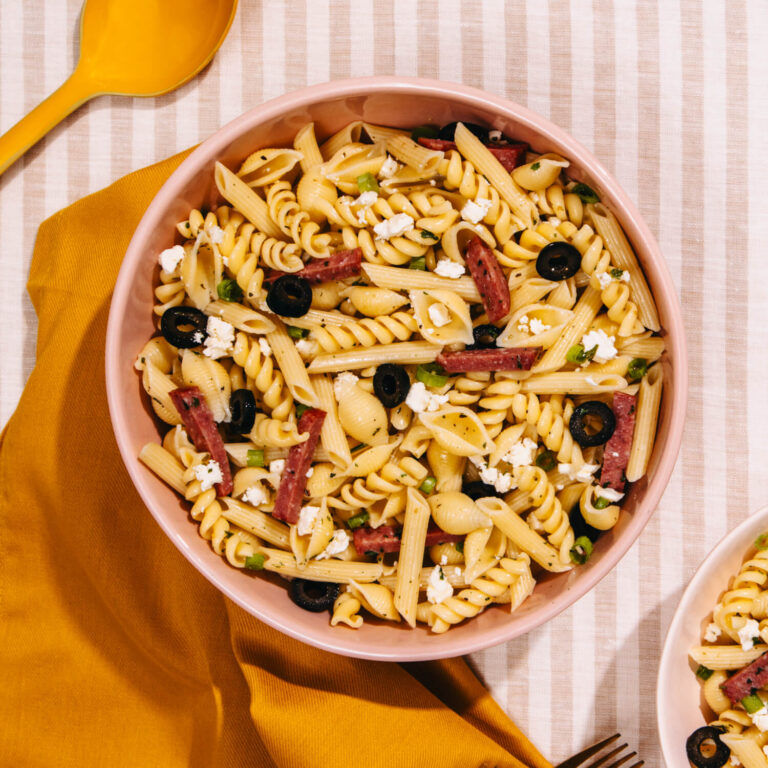trio italiano pasta with olives in serving bowl