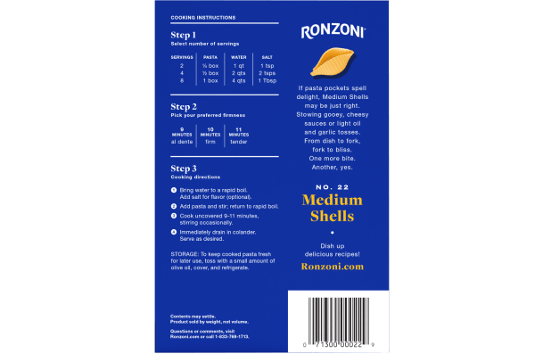 back of ronzoni medium shells packaging