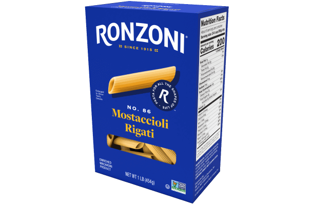 3/4 view of ronzoni mostaccioli rigati packaging