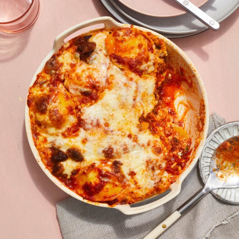 baked lasagna in small casserole dish
