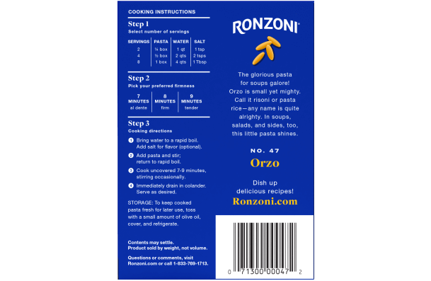 back of ronzoni orzo packaging