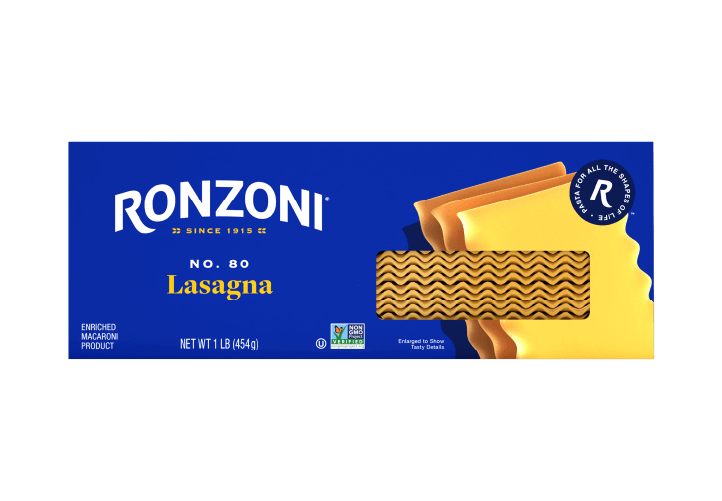 Lasagna is one of several baking pasta shapes in the Ronzoni pasta brand