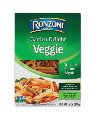 Garden Delight veggie pasta is one of many pasta varieties part of the Ronzoni brand