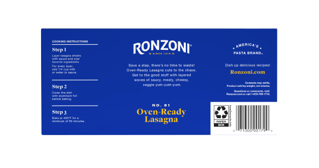 back of ronzoni oven-ready lasagna packaging