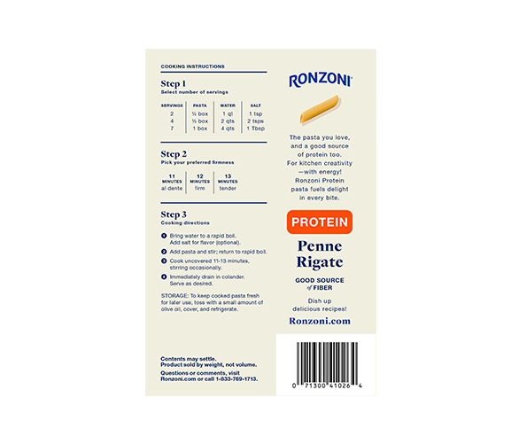 Image of Ronzoni Protein Penne Rigate packaging from the back