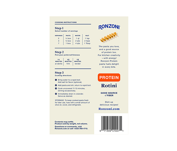 Image of Ronzoni Protein Rotini packaging from the back