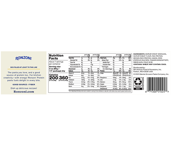 Image of Ronzoni Protein Spaghetti packaging from the back