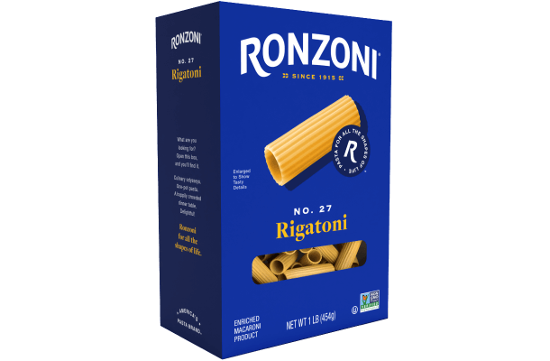3/4 view of ronzoni rigatoni packaging