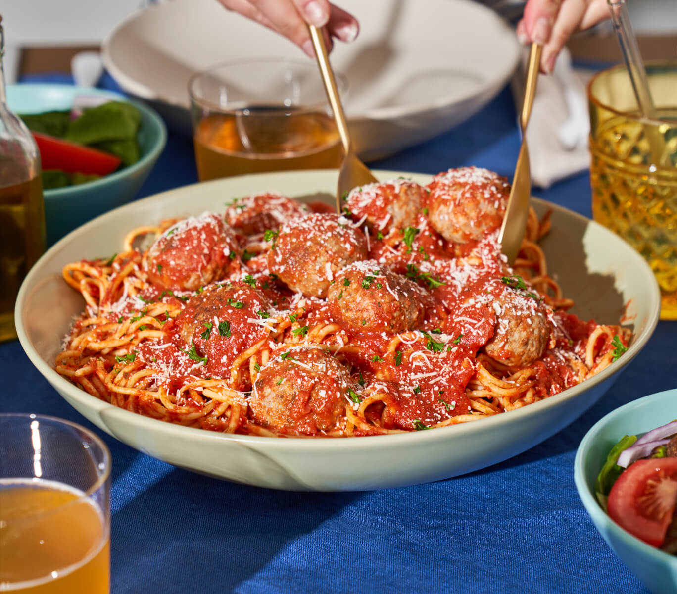 Ronzoni Spaghetti And Meatballs Pasta Being Served From Large Bowl