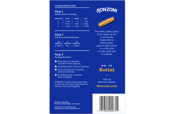 back of ronzoni rotini packaging