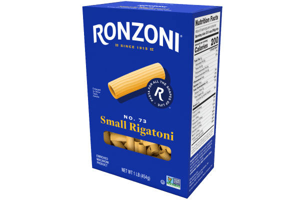3/4 view of ronzoni small rigatoni packaging