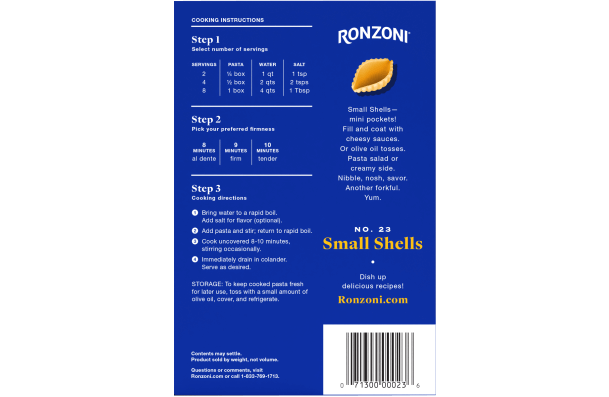 back of ronzoni small shells packaging