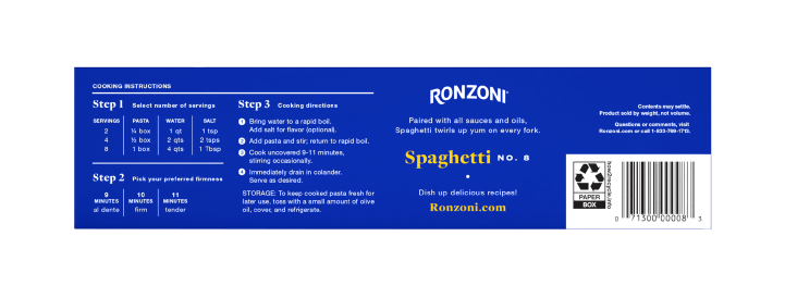 back of ronzoni spaghetti packaging