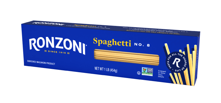 3/4 view of ronzoni spaghetti packaging