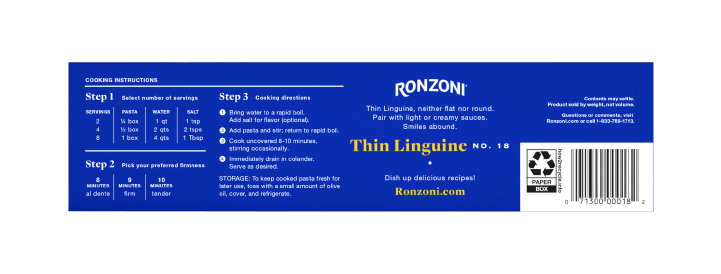 back of ronzoni thin linguine packaging