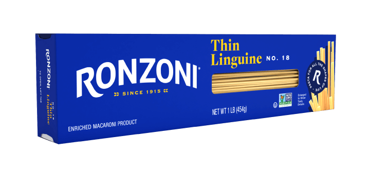 3/4 view of ronzoni thin linguine packaging