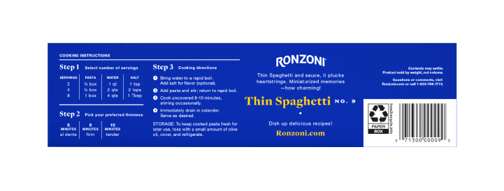 back of ronzoni thin spaghetti packaging