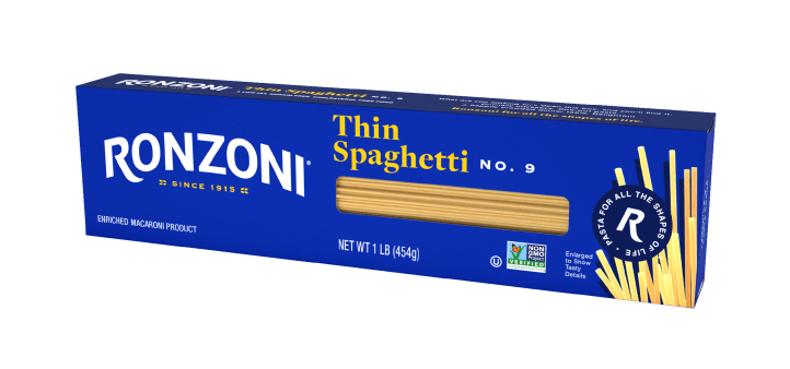 3/4 view of ronzoni thin spaghetti packaging