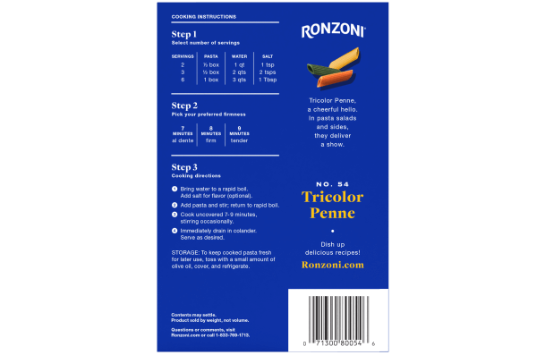 back of ronzoni tricolor penne packaging
