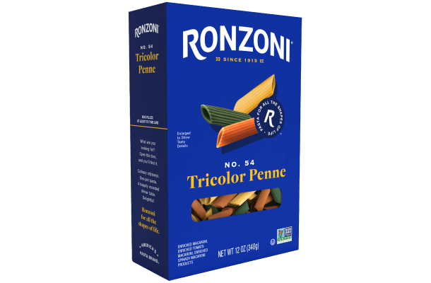 3/4 view of ronzoni tricolor penne packaging