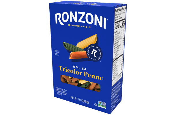 3/4 view of ronzoni tricolor penne packaging