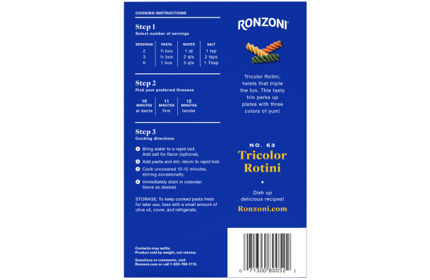 back of ronzoni tricolor rotini packaging