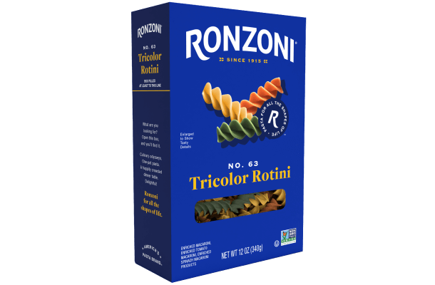 3/4 view of ronzoni tricolor rotini packaging