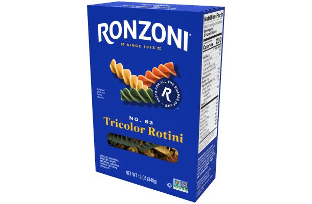 3/4 view of ronzoni tricolor rotini packaging