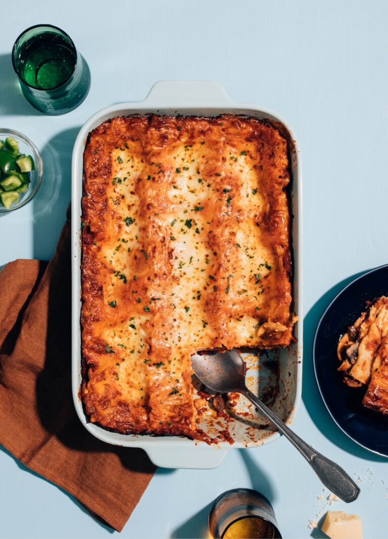 vegetable lasagna served from casserole dish