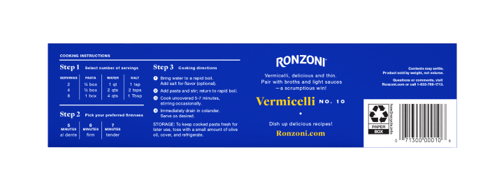 back of ronzoni vermicelli packaging