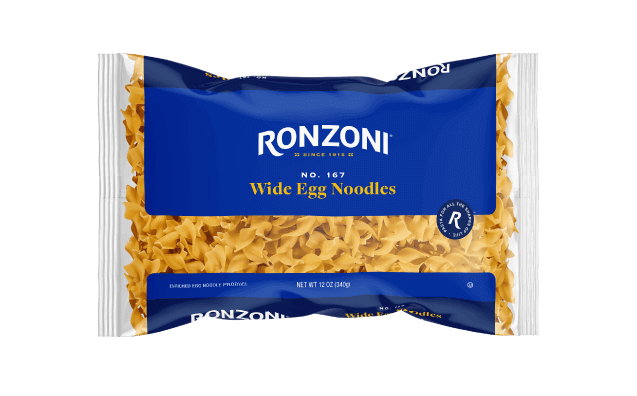 The front view of a package of Ronzoni® Wide Egg Noodles