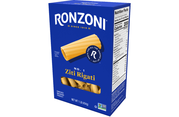 3/4 view of ronzoni ziti rigati packaging