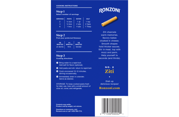 back of ronzoni ziti packaging